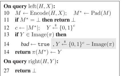 Figure 10: Games used to bound α2 in the proof of Theorem 12. Game G1 is the complete code; game G0 omits theshaded statement.