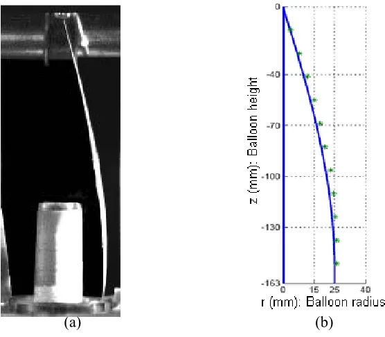 Figure 6.  Case 1. (a) Balloon shape from the high speed camera; (b) Comparison of the balloon shape (solid line) from (a) and the predicted balloon shape (*)
