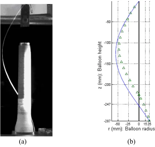 Figure 8.  Case 3. (a) Balloon shape from the high speed camera; (b) Comparison of the balloon shape (solid line) from (a) and the predicted balloon shape (*)