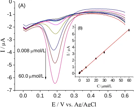 Figure 8.  (A) DPV plots of IL-TiO2/GO/GCE in DA solutions with different concentrations