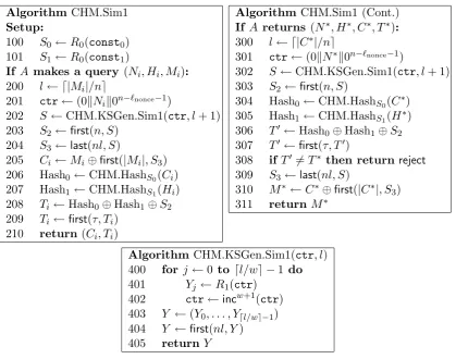 Figure 8: The simulation CHM.Sim1 of CHM. R0 ∈ Func(n, n) and R1 ∈ Func(n, nw)are random functions