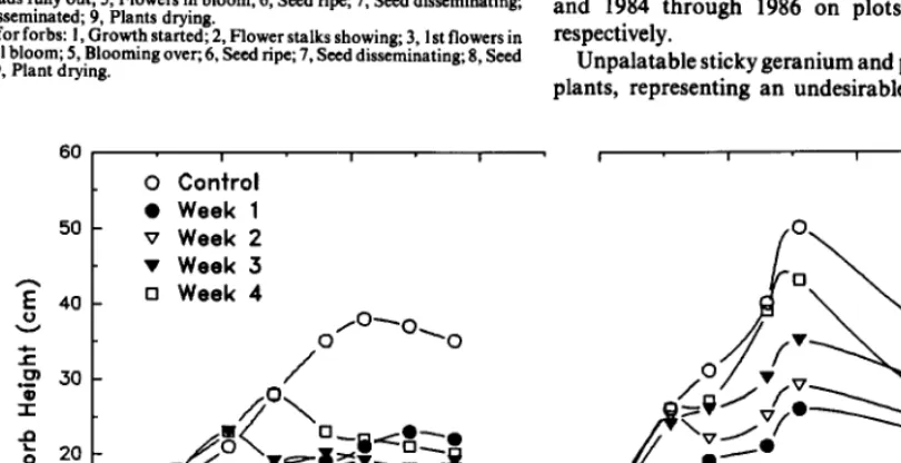 Fig. 4. Forb height growth (cm) in response to time of herbicide application in 1983 or 1984