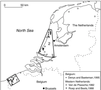 Figure 4 Geographical distribution of the data used for the reconstruction of the Holocene sea-level rise in Belgium and The Netherlands by Denys and Baeteman (1995), Van de Plassche (1982) and Roep and Beets (1988)