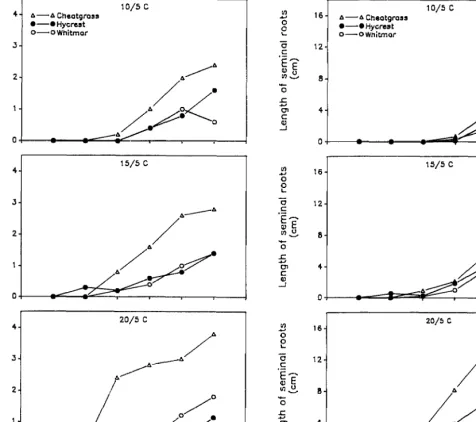 Fig. 3. Number of seminal roots (roots associated with the epiblast node, node -1) (SD = 1.29) and length of seminal roots (SD = 1.3) for cheatgrass, Hycrest, and Whitmar as a function of days after emergence at 3 temperatures