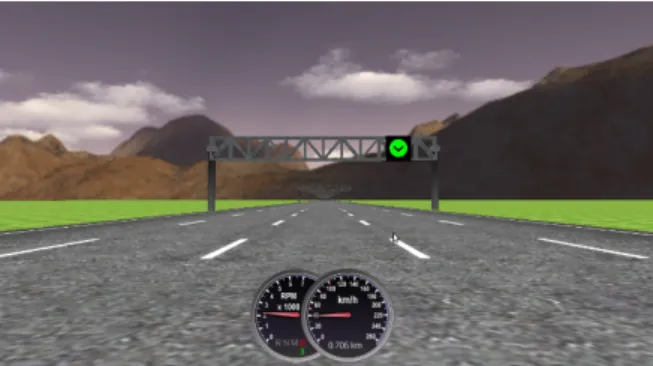 Figure 2: Driver’s view during experiment. The green signal on the signal-bridge indicates the  tar-get lane.