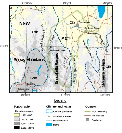 Figure 2.2 The ACT region, showing Gentilli climate zones, topography, dams, rivers, and important weather stations sites referred to in 