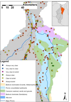 Figure 10 Water clarity regime for waterbodies in the Alexandra river subcatchment (other subcatchments  grayed out)  