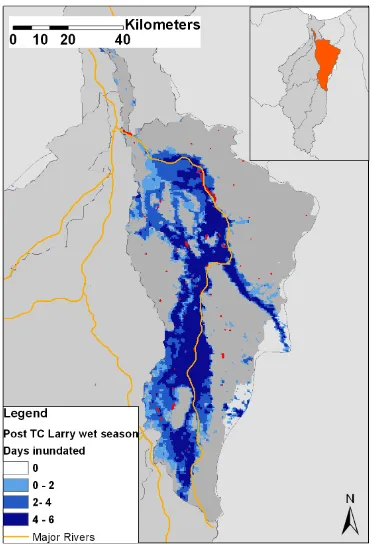 Figure 11 Extent and duration of flooding in the Alexandra River subcatchment  