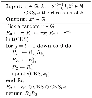 Fig. 5. Side-channel analysis and fault attacks resistant Montgomery ladder