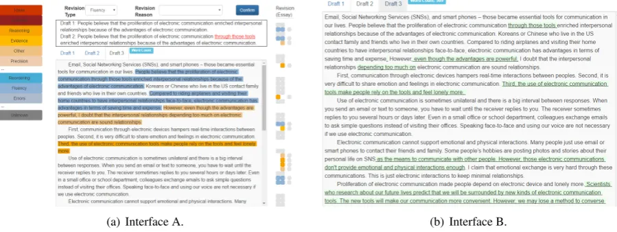 Figure 2: Screenshot of the interfaces. (a) Interface A with the annotated revision purposes, (b) InterfaceB with a streamlined character-based diff.
