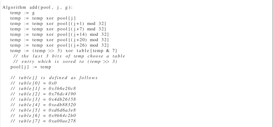 Figure 2.2: Pseudo-code of the entropy addition algorithm for the urandom and secondary pools