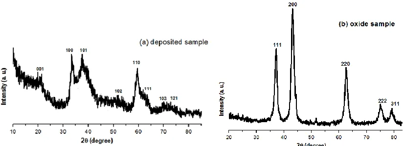 Figure 3.  XRD patterns of (a) the electrodeposited nickel hydroxide precursor and (b) heat-treated nickel oxide product