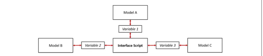 Figure 3. Schematic of coupling models as well as exchanging model information via BMI and a central interface script.