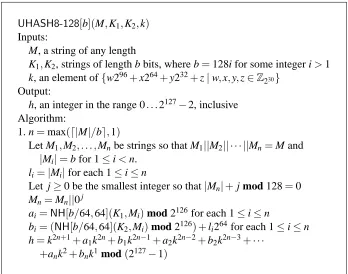 Figure 2:The hash family UHASH8-128 isdomains, where ε-A∆U, when K1,K2,k1,k2 are chosen randomly from their ε ≈ (l/b)2−119.