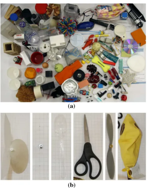 Fig. 6 Objects grasped. a ∼100 objects grasped by the DRL soft handand b the six objects the DRL soft hand failed to pick up