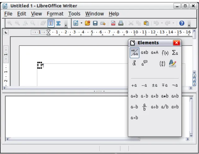 Figure 2: Equation Editor, Elements window, and location of resulting equation in Writer When you are done entering the formula, you can close the editor by pressing the Esc key or by  clicking an area outside the formula in the main document