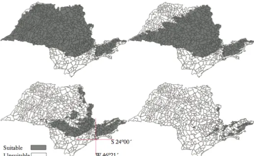 Figure	  10:	  climate	  risk	  zoning	  for	  coffee	  in	  Sao	  Paulo,	  source:	  Pinto,	  Assad,	  2007 	  