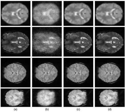 Fig. 8 Examples of the reconstructed data using different reconstruction methods from the compressivemeasurements with the sampling rate of 50%: (a) original lossless data, (b) l1-norm minimization,(c) RefCS, and (d) RefCSLS.