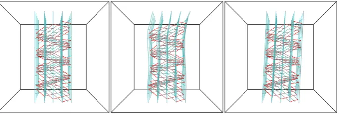Fig. 4. Visualisations of one of the lattice based 3D networks, for the undisplaced(left), displaced (centre) and aﬃnely displaced (right) generations of the network whereγ = 0.05.