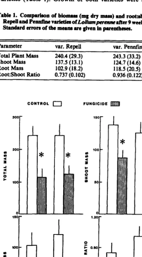 Table 1. Comparison of biomam (mg dry mass) and root&mot ratio of RepeN arrd Pennzinc varktia of LoHamtp after 9 weeks of growth