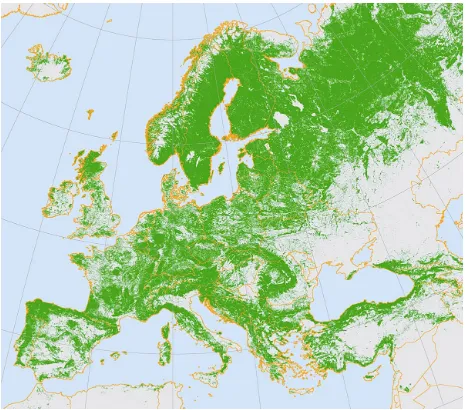 Figure 1: Distribution of forest areas in Europe. Forest re-sources cover about one third of the European continent, pro-viding a variety of ecosystem services and supporting theexisting land-cover maps [mixed landscapes are also considered (quite a freque