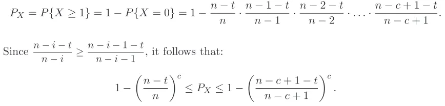 Figure 3: PofX, the probability of server misbehavior detection. We show PX as a function of n (the numberof ﬁle blocks) and c (the number of blocks queried by the client, shown as a percentage of n) for two values t (the number of blocks deleted by the se