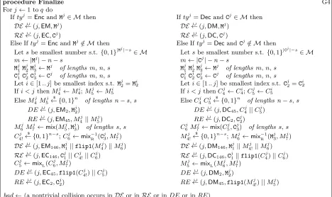 Figure 6: Game G4 used in the proof of Lemma 2. Initially the setswhether the ﬂaggame is non-interactive: the adversary speciﬁes a ﬁxed transcript DE, RE, DE, RE are empty