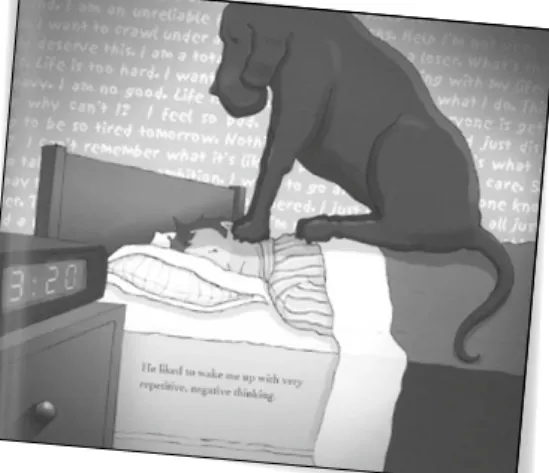 Figuur 5: Beeld uit de Britse sensibiliseringscampagne van SANE, gemaakt door illustrator Matthew Johnstone en  afkomstig uit zijn boek ‘I had a black dog’