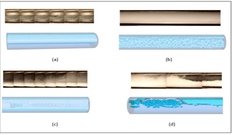 Figure 5: Visualization of horizontal flow regimes by Bubble Mapping Method  (a) stratified, (b) bubbly, (c) annular and (d) slug flow  