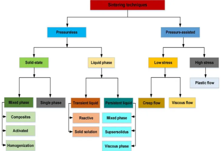 Fig. 3. The classiﬁcation of sintering diﬀerentiated by branches, starting with the application of pressure-assisted vs
