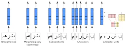 Figure 1: Segmentation approaches for the word“b$rhm” “��������”; the blue vectors indicate theembedding(s) used before the encoding layer.