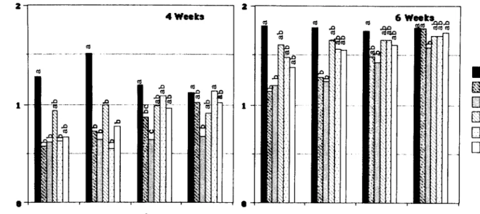 Fig. 1. Calculated soil matricpotential and 4 and 6 weeks afterplanting in root growth boxes at 4 depths