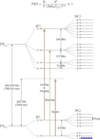 Figure 3.1: The 87Rb D2 transition structure including the Zeeman level splitting and orientationimportant for magnetic trapping