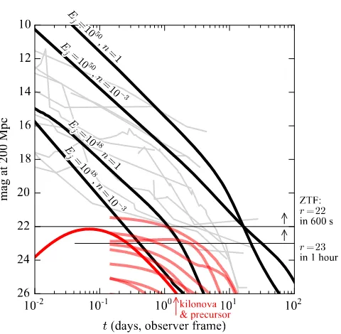 Figure 1.4 Light curves of short GRBThin gray lines are afterglows of afterglows, scaled to an Advanced LIGO range of 200 Mpc