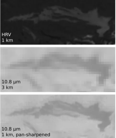 Fig. 7. Fog covering Lake Constance and adjacent valleys on 17 Jan-uary 2011. In order to achieve better comparability the 3 km chan-nel was interpolated to the size of the 1 km images via nearest-neighbour interpolation.