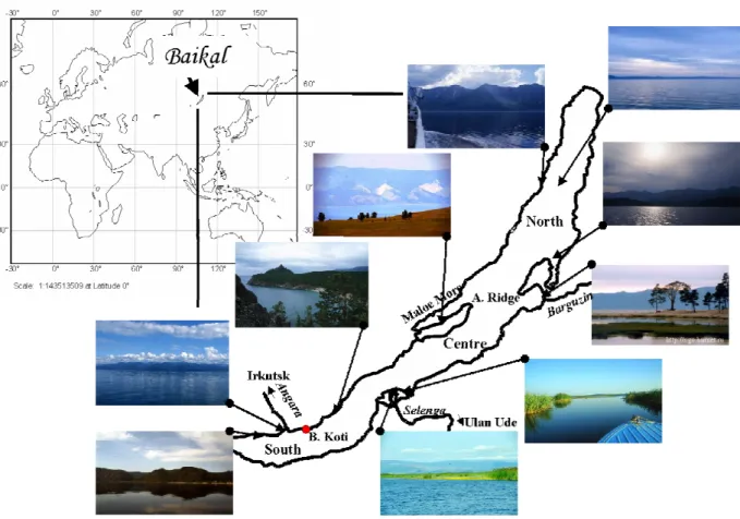 Fig. 7. Map of Lake Baikal locating relevant regions for the present study and impressions of the  respective surrounding regions