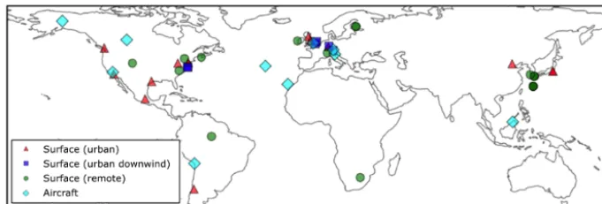 Figure 2. Global map showing the 40 surface AMS observations, originally compiled by Zhang et al