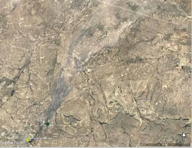 Figure 5.1: Discoloration of alluvium in Comanche Creek downstream from Comanche (and other)  Springs (image from Google 2020).