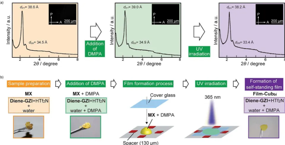 Fig. 2Preparation procedure fordi(b) Key steps for convertingscope (POM) textures of Film-Cubbi having a gyroid-nanostructure