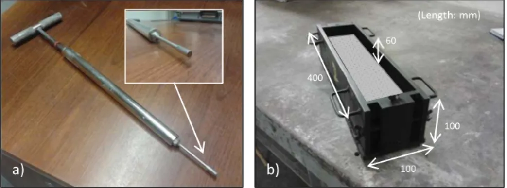 Figure 3.4- Penetration needle device a) and mould used for casting the samples b)  3.2.4.4
