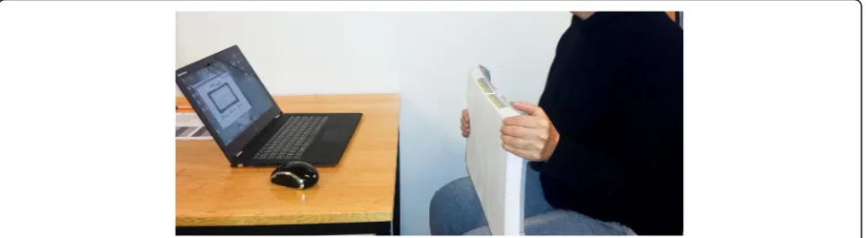Fig. 1 Participant seated and squeezing the upper left corner of the Nintendo Wii Balance Board