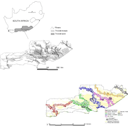 Fig. 2. (a, top) The Thicket Biome of South Africa; (b, bottom) Large-scale conservation corridors in the Thicket Biome designed to achieve several conservation objectives, including promoting the adjustment of species distributions to climate change (repr
