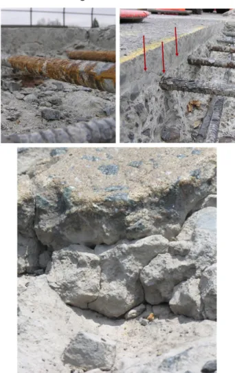 Figure 1 Typical concrete bridge deck deterio- deterio-ration and damage: rebar corrosion (left),  de-lamination (middle), and deck spalling (right).