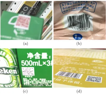 Fig. 1. Several types of low-quality barcodes. (a) blurring QR code; (b) deformed 1D barode; (c) the QR code under the case of high contrast; (d) the barcode under the case of tilted filming angle.