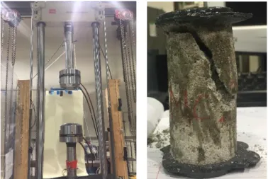Figure 15. MTS Compressive strength machine (left) and test sample of compressive breaking load (right) 