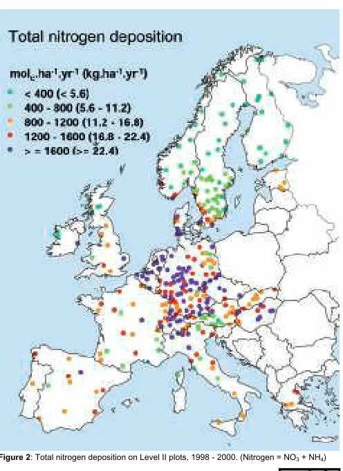 Figure 2  : Total nitrogen deposition on Level II plots, 1998 - 2000. (Nitrogen = NO3 + NH4)   