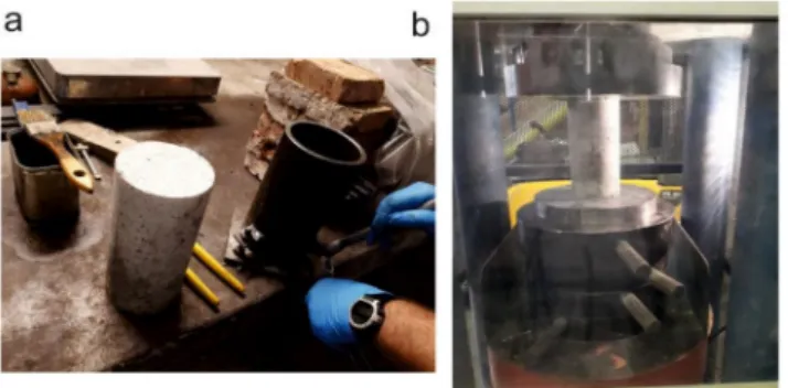 Figure 1. Compressive test of concrete. (a) Manufacturing concrete specimens for the compressive test (diameter of 10 cm and height of 20 cm; (b) testing the concrete specimens.