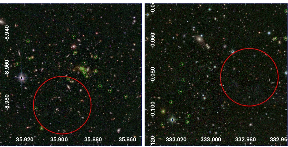 Figure 2.16:RGB images of two RASS X-ray sources produced using CFHTLS broad-circles show the positions of red sequence galaxies and RASS X-ray sources, respectively.The radius of the circles related to X-ray sources is one arcminute (for reference, the PS