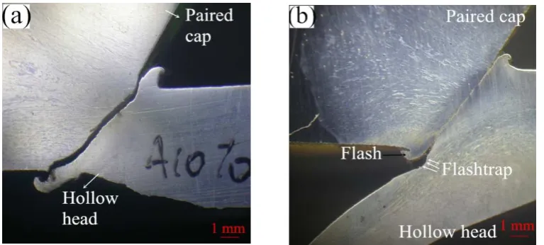 Figure 6. Bad weld quality of HHSV specimens after friction welding process: ((a) macroscopic crack;b) bad welding metallurgical bonding and bad ﬂash.