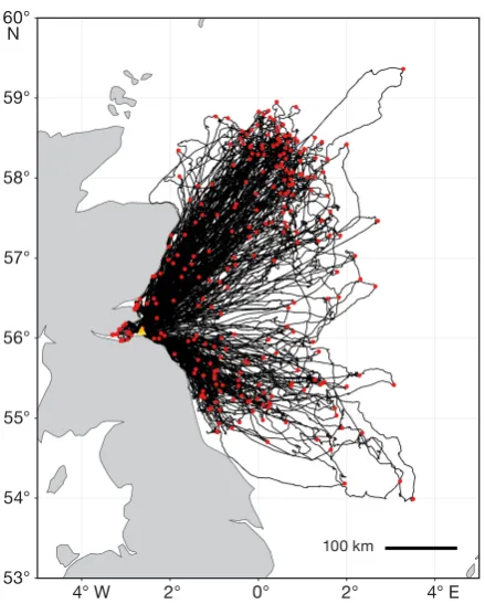 Fig. 1. Tracks of foraging trips (n = 263) by adult northerngannets rearing chicks at Bass Rock between mid-June andmid-August of 2015−2017